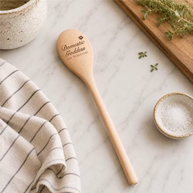 60 Second Makeover Domestic Goddess In Training Funny Wooden Cooking Spoon in Beige