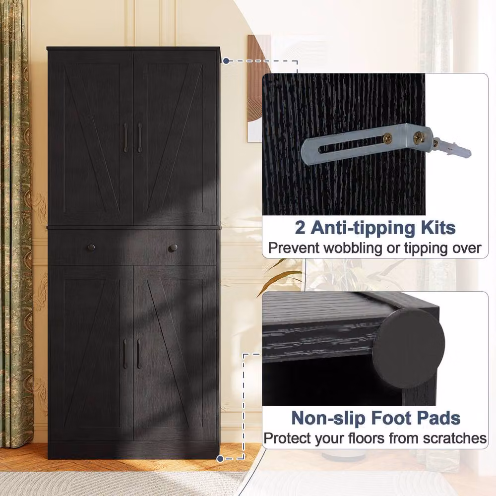 Costway Black Wooden Kitchen Pantry Farmhouse Cupboard Cabinet with Drawer and Soft Close Doors, Height: 183 cm – 6