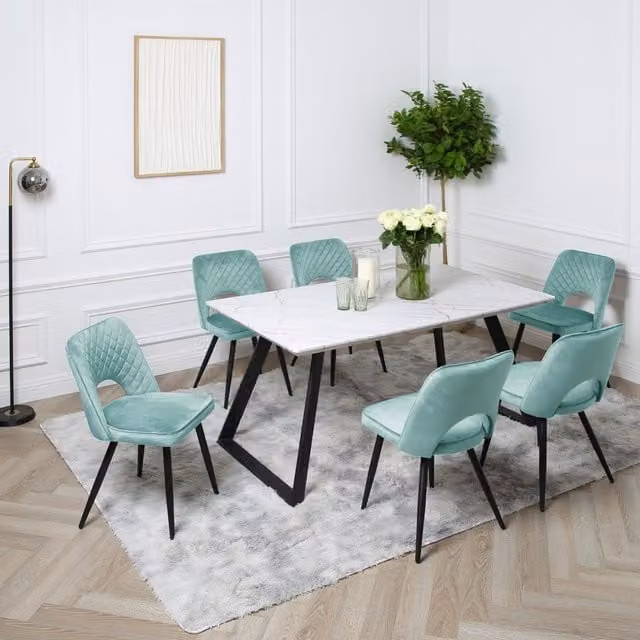 Home Garden Direct Venice Dining Set with Marble-Effect Rectangular Table and 6 Petrol Chairs