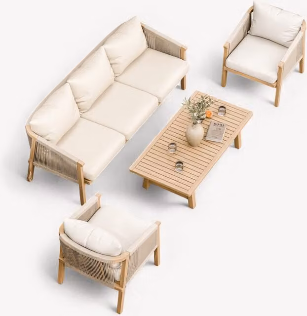 Royalcraft Modern Lacquered Acacia Wood 5-Seater Lounge Set in Brown, Yellow and White