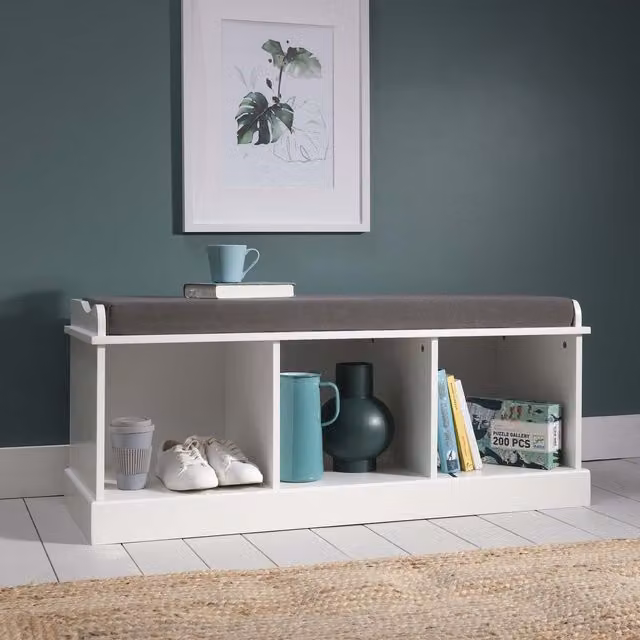 Noa and Nani Stockholm Storage Bench in White with Grey Fabric, W: 111.5 cm