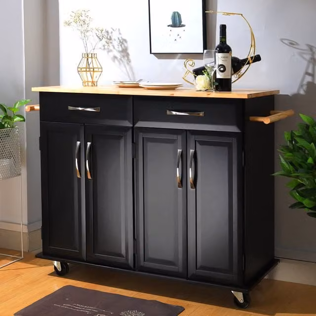Livingandhome Modern Rolling Kitchen Trolley in Black Matt MDF and Wood