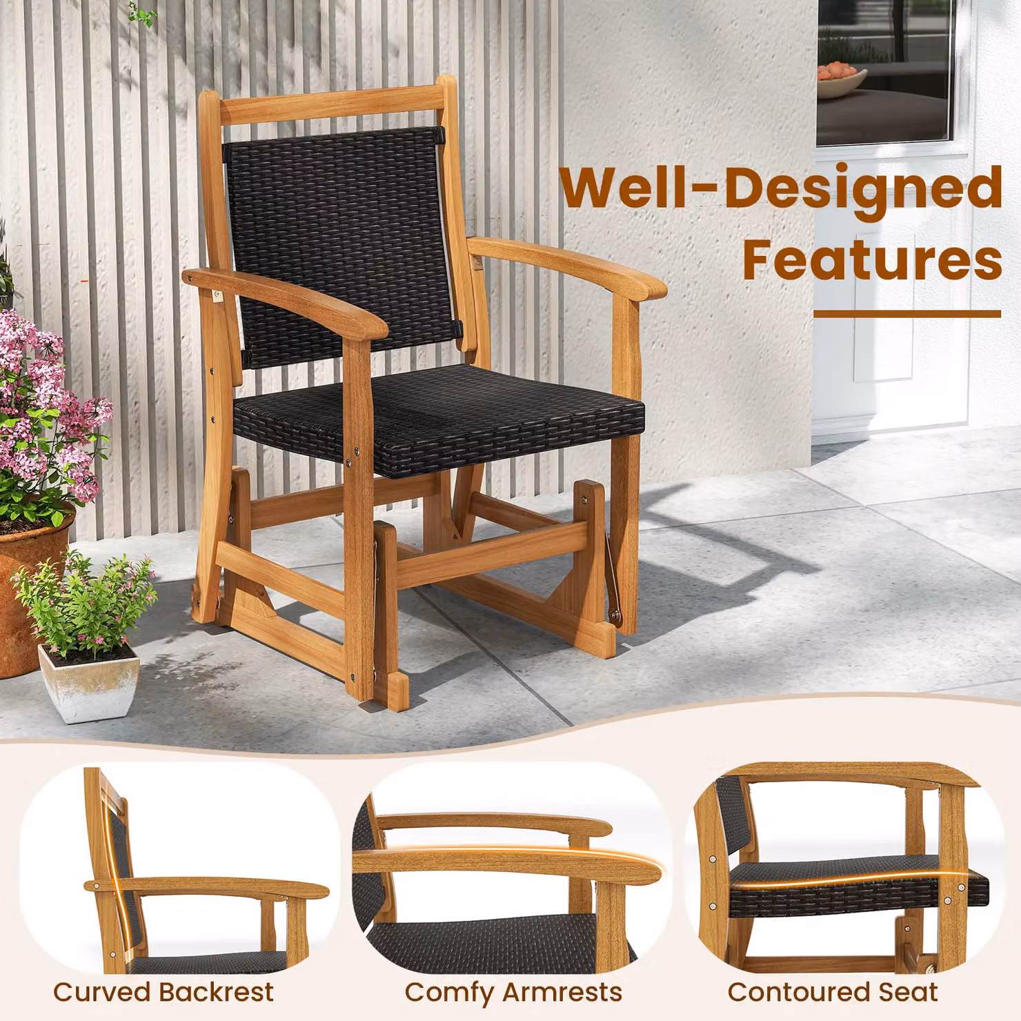 Gymax Outdoor Acacia Wood Glider Chair with Rattan Seat in Brown – 8