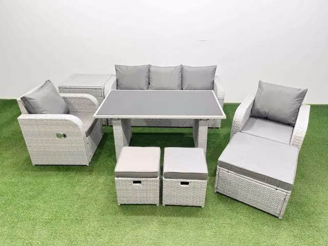 Fimous 8-Seater Outdoor Rattan Garden Furniture Dining Set with Side Table in Light Grey