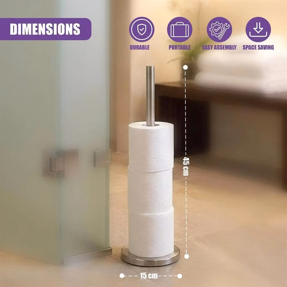 NESTLUNE Stainless Steel Freestanding Toilet Roll Holder with Spare Roll Storage in Silver – 2