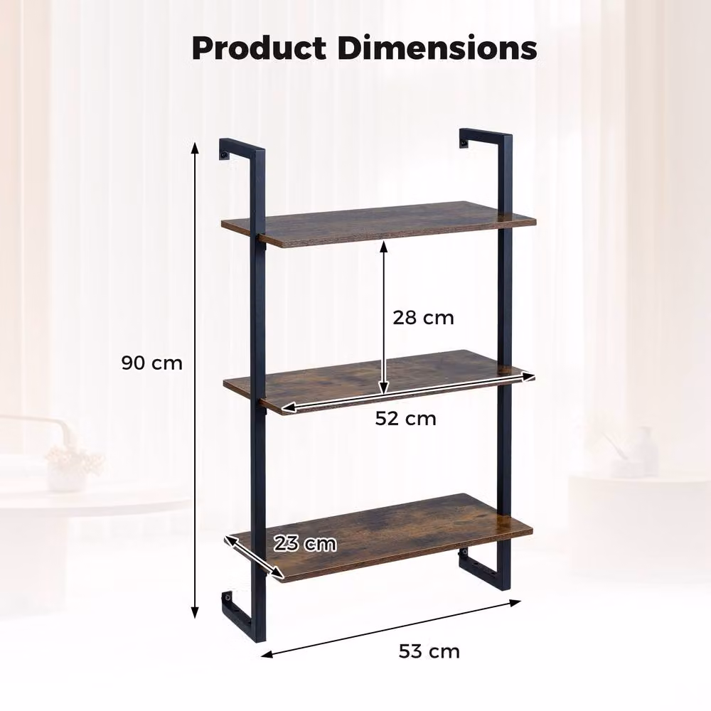 Gymax Industrial 3-Tier Wall Mounted Kitchen Shelf and Floating Display Rack in Brown – 2