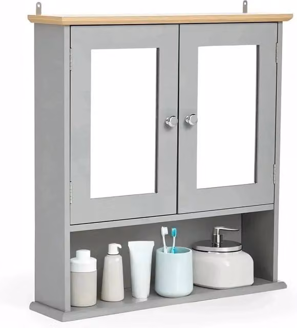 PAWNORA Grey Wall Mounted Bathroom Mirror Cabinet with Internal Shelves and Matt Finish