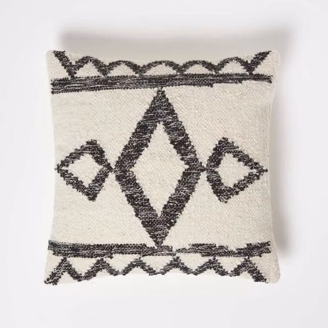 Homescapes Koba Handwoven Ethnic Square Cushion in Black, Cream, Yellow and White