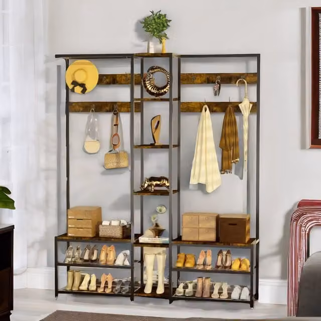 Pirlo Plush Industrial Hall Tree Coat Rack with Shoe Storage Bench in Brown and Black, H 178.5 x W 120 x D 46 cm – 1