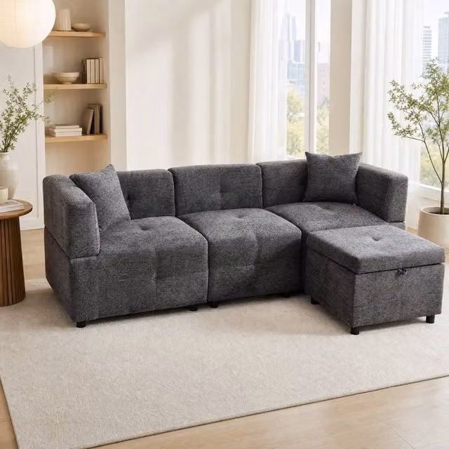 STILVORA Grey 4-Seater Reversible L-Shape Sectional Fabric Sofa with Matching Storage Ottoman and Solid Wood Frame