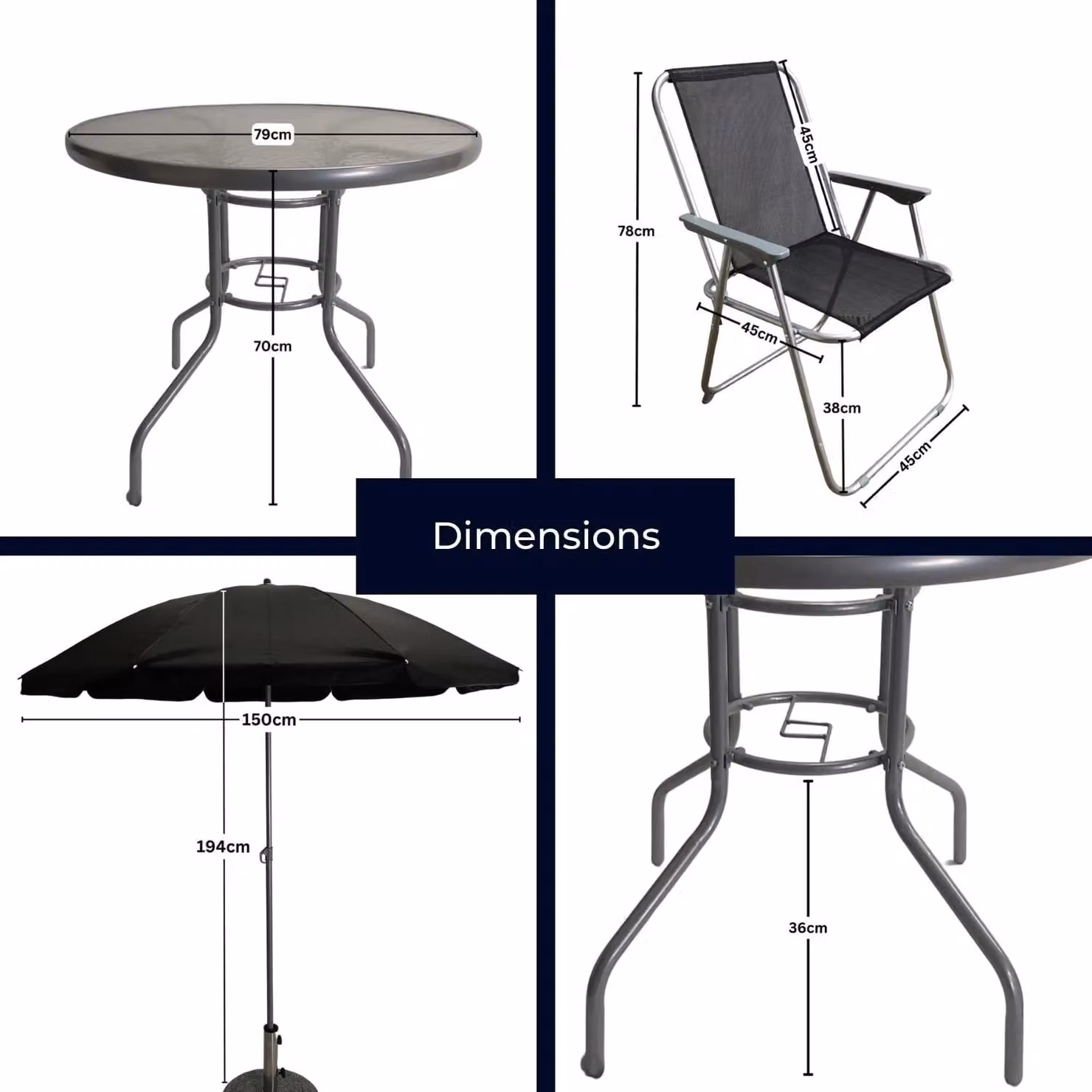 Samuel Alexander 4 Seater Garden Dining Set with Glass Table, Folding Chairs and Black Parasol in Black and Grey – 3