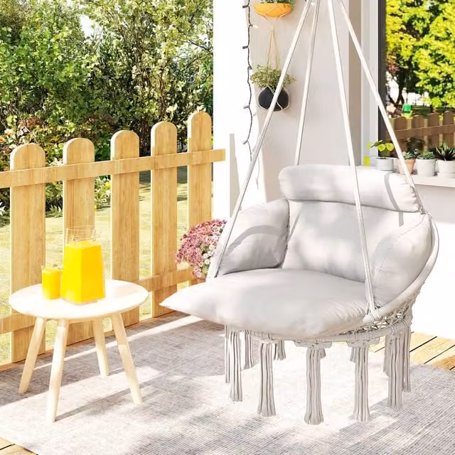 Outsunny Boho Hanging Egg Hammock Swing Chair with Weatherproof Cushion in White