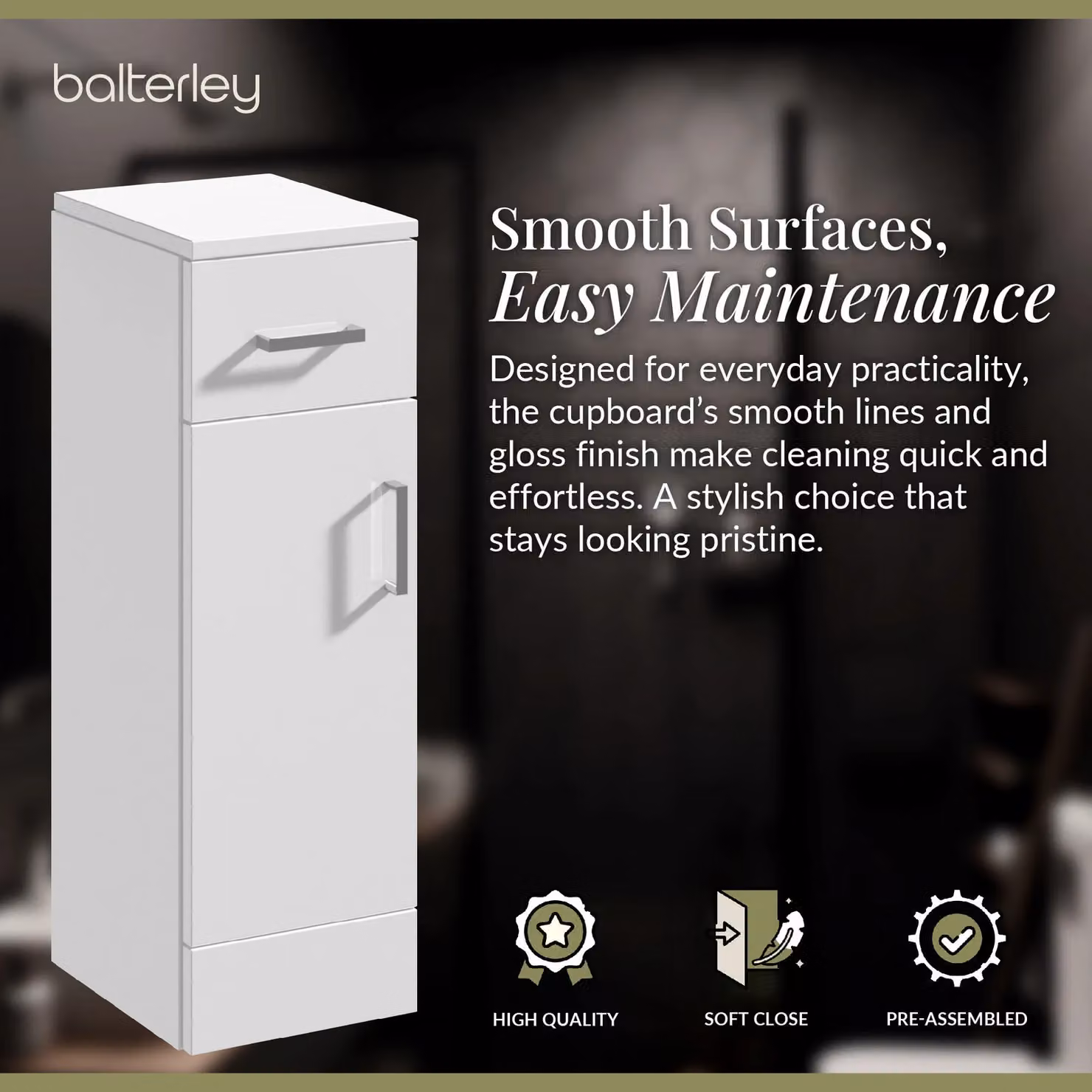 Balterley Slimline Gloss White Floor Standing Bathroom Cupboard with Soft Close Doors and Internal Drawers – 2