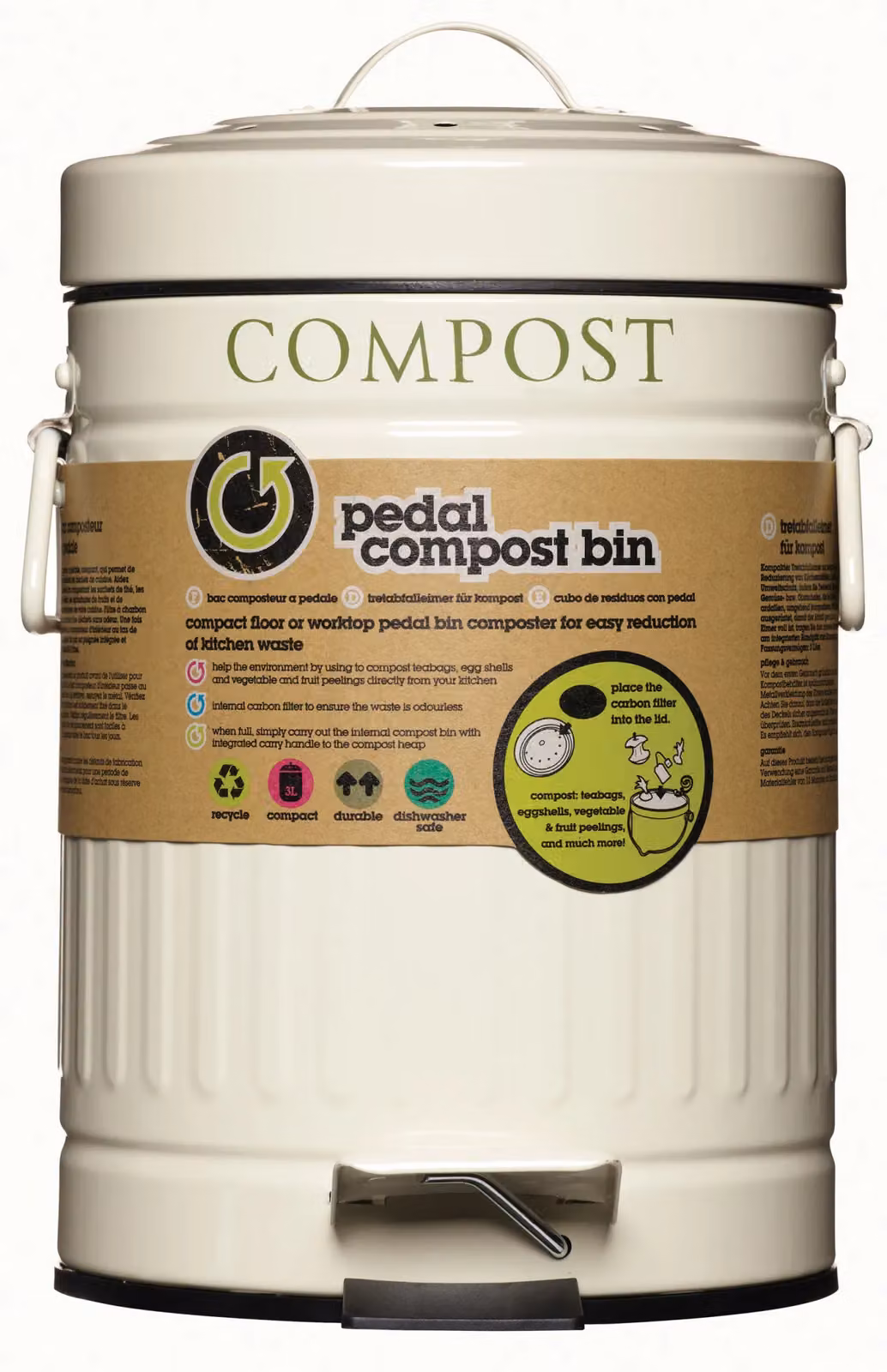 KitchenCraft Pedal-Operated Steel Compost Bin, 3 Litres, Cream – 5