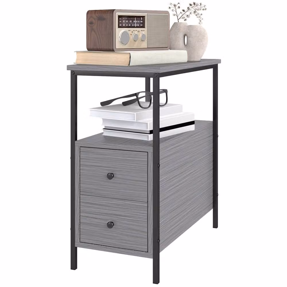 STILVORA Industrial Side Table with 2 Drawers and Shelf in Black and Grey – 4
