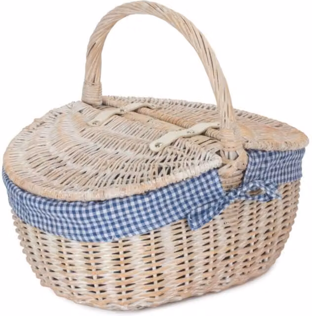 Red Hamper Oval Wicker Picnic Basket with White Wash Finish and Blue Lining