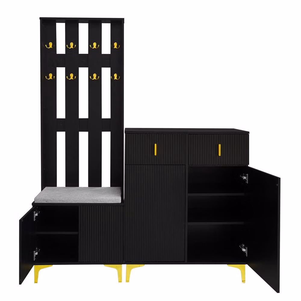 Merax Modern Hallway Storage Set with Shoe Cabinet, Bench and Wall Rack in Matt Black and Gold – 4