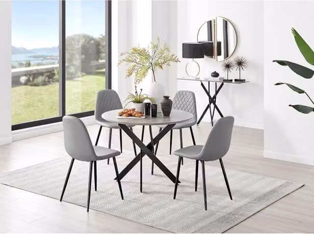 FurnitureboxUK Novara Grey Concrete Round Dining Table with 4 Corona Black Leg Chairs