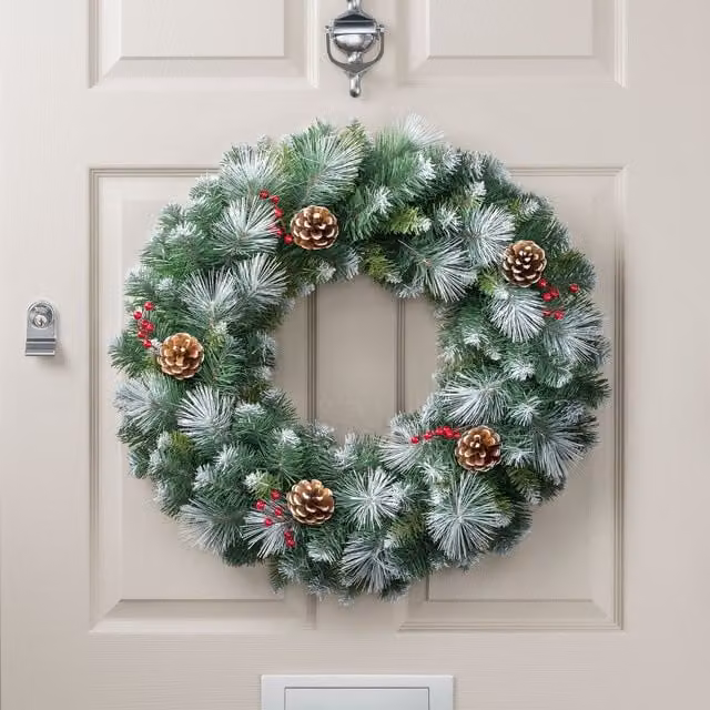 Christow Christmas Wreath with Frosted Pine Cones and Berries in Green, Diameter: 60 cm – 1