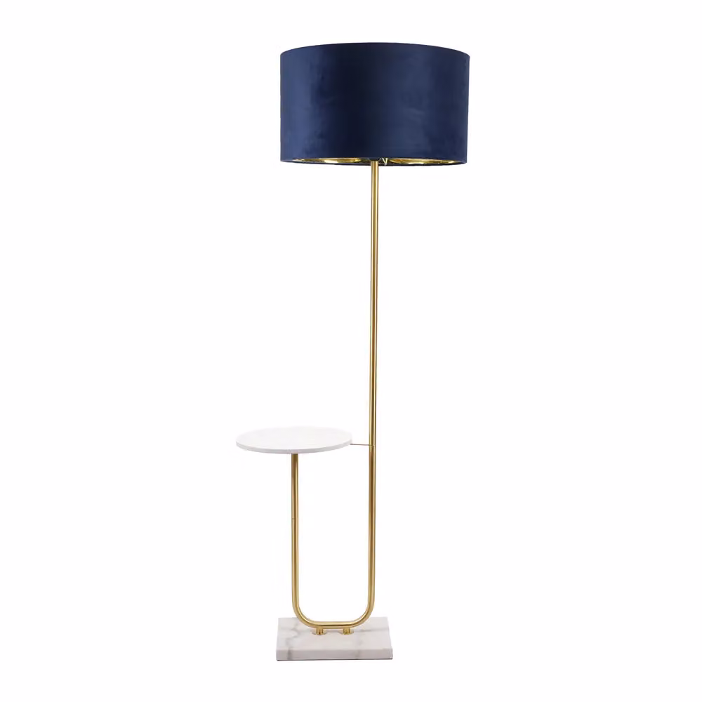 ValueLights Tavel Gold Floor Lamp with Dark Navy Velvet Drum Shade and Gold Inner Shade including Bulb – 2