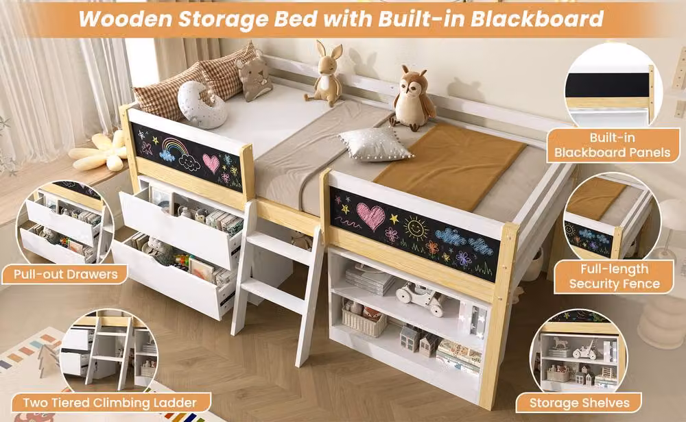 STILVORA Single Loft Bed with Storage Drawers and Stairs in White – 3