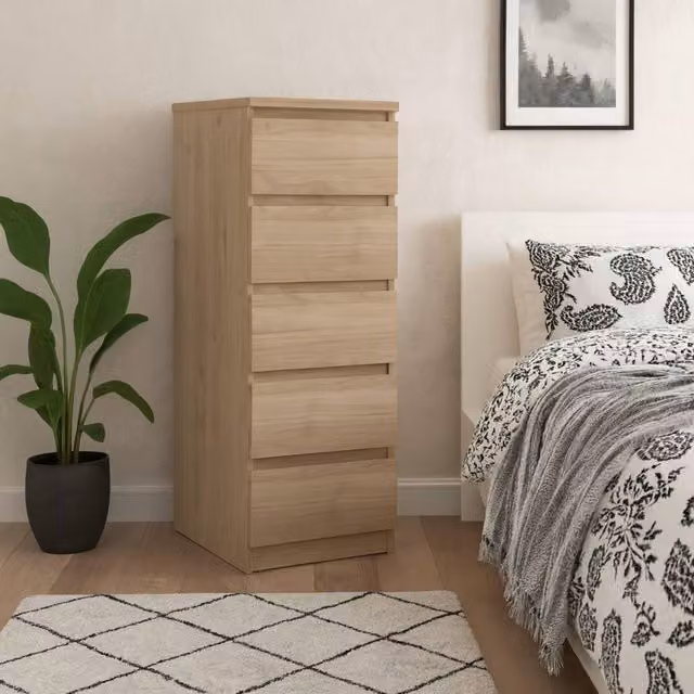 Wyld Haus Budapest Slim 5-Drawer Chest of Drawers in Natural Oak Effect Brown – 1