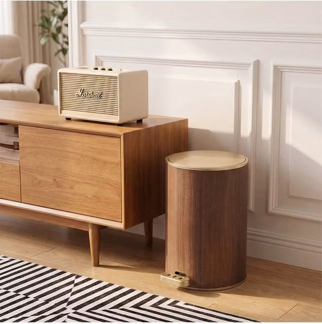 Living and Home Round Wood Effect Pedal Bin with Dual Open Lid in Brown, 28 l – 1