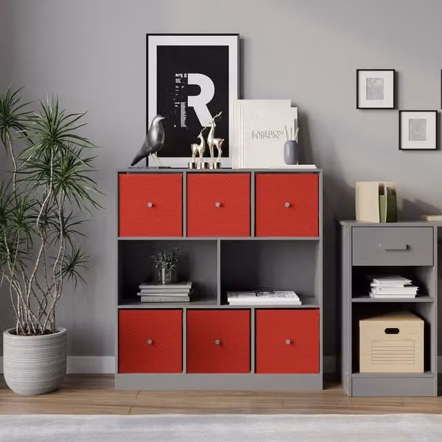URBNLIVING 8 Cube Bookcase in Grey with 6 Red Fabric Storage Drawer Inserts
