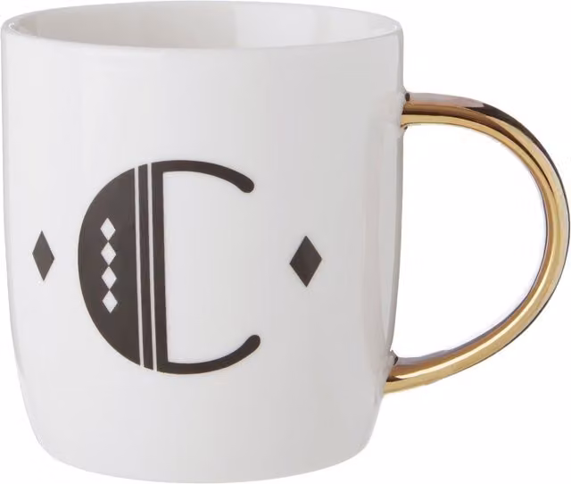 Orsina Diamond Deco C Letter Monogram Mug in Black, White and Gold Bone China