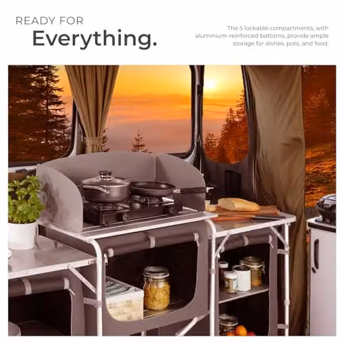 tectake Portable Camping Kitchen in Grey with 5 Internal Shelves, Heat-Resistant Worktop and Aluminium Frame, W/D/H: 104 x 52 x 52 cm – 4
