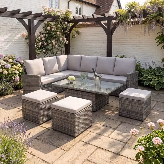Home Garden Direct Pelias Rattan Corner Sofa Set with Rising Table, 8 Seats, Grey