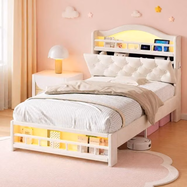 Merax Single Upholstered Velvet Bed Frame in Beige with LED Lighting, USB Charging Port and Side Compartments, W/D/H: 90 x 190 x 117 cm