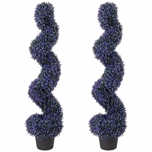 HOMCOM Set of 2 Artificial Boxwood Topiary Spiral Trees in Purple Pots, Height: 120 cm – 1