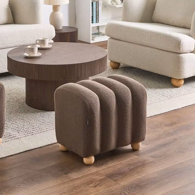 Wyld and Coco Brown Bouclé Pouffe Ottoman with Wooden Legs