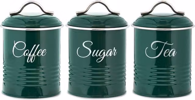 Innoteck 3 Piece Airtight Metal Tea Coffee Sugar Canister Set, Green, 1.3 l per canister