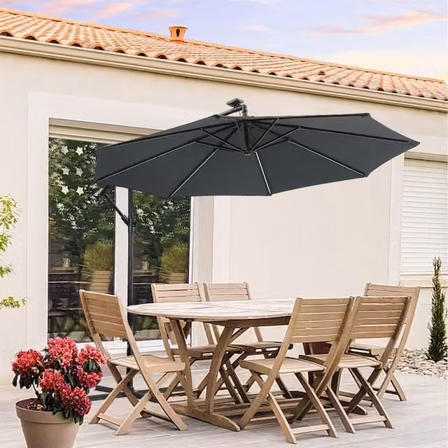 Livingandhome Garden Cantilever Parasol with Cross Base and Lights in Anthracite Grey