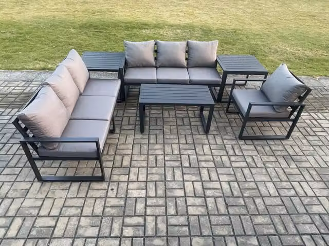 Fimous 7 Seater Aluminium Garden Furniture Set in Dark Grey with Upholstered Cushions, Rectangular Coffee Table, Armchair and 2 Side Tables