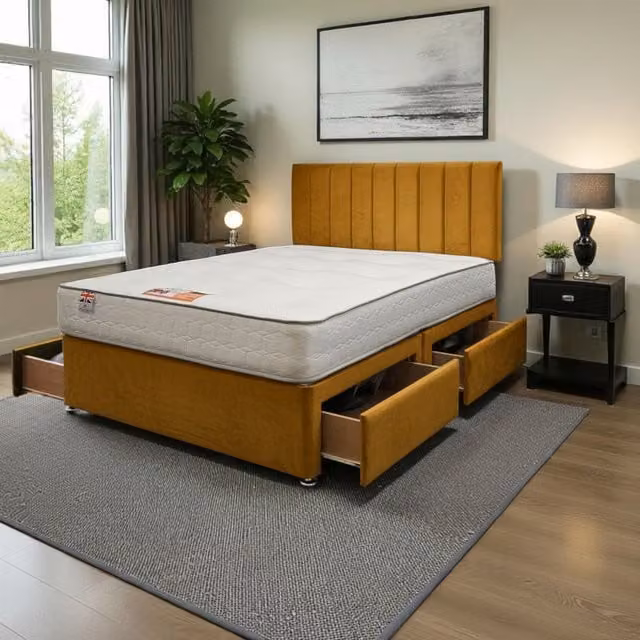 Knight Sleep Paris Plush Double Bed Set with Mattress and 4 Drawers in Mustard Yellow, W/D/H: 140 x 200 cm