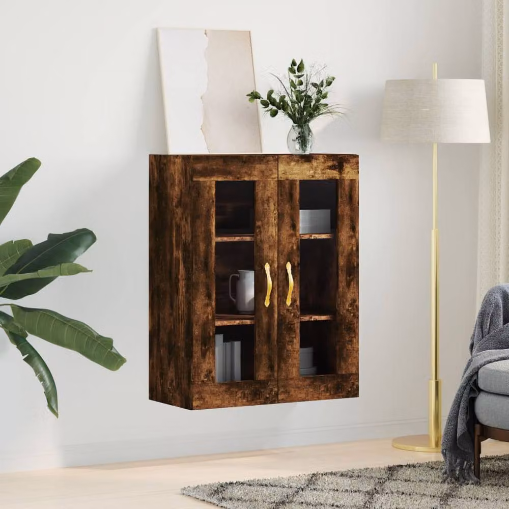 Berkfield Home Wall Mounted Smoked Oak Cabinet with Glass Doors in Brown, W/D/H: 69.5 x 34 x 90 cm – 2