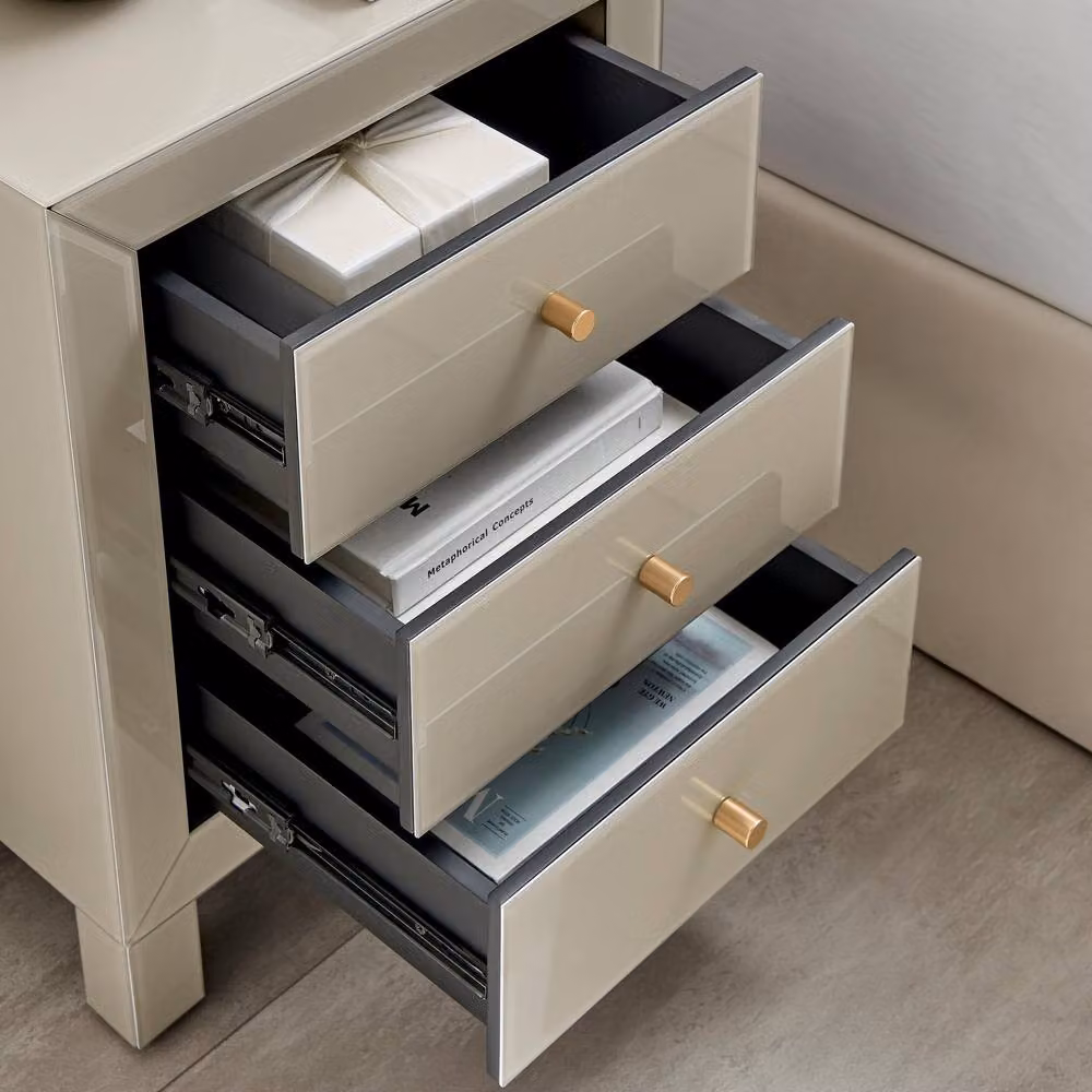 FurnitureboxUK Lexi Large Slimline 3 Drawer Mirrored Bedside Table in Beige – 2
