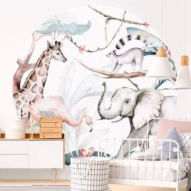 Jungle Animal Friends Wall Mural for Children, Yellow and Multicolour, W: 200 cm, H: 144 cm