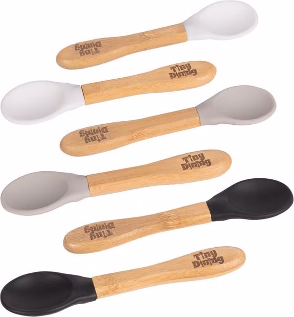 Tiny Dining Ergonomic Childrens Bamboo and Silicone Tip Spoon Set, 6pc, Black, White and Grey