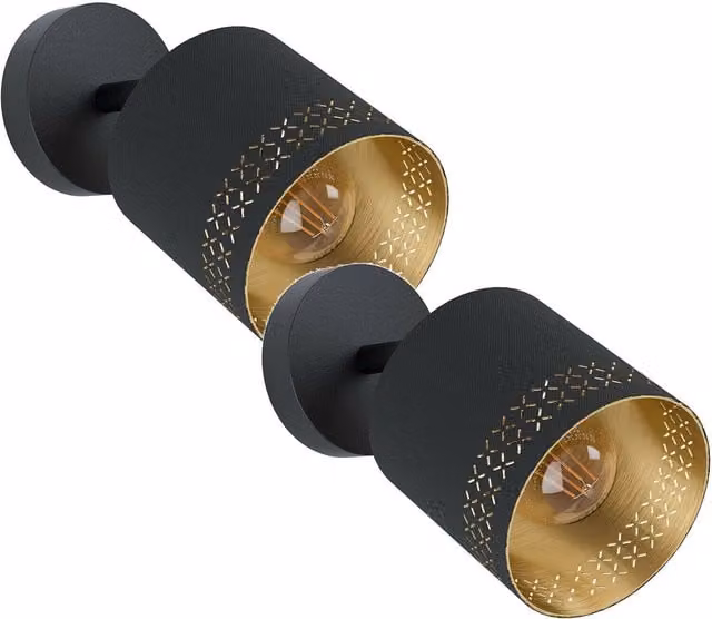 Loops 2 Pack Modern Wall Lights in Black and Gold with Fabric Shade and E27 Bulb Holder