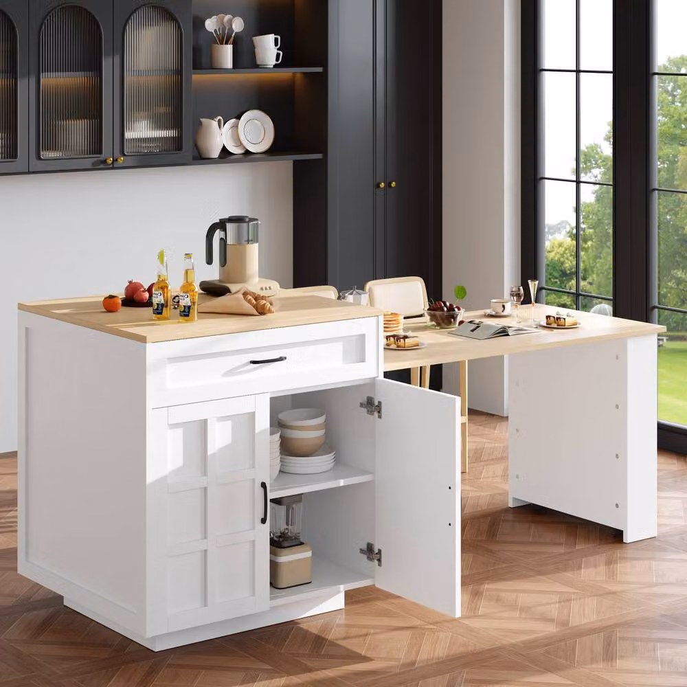 BTM Extendable Bar Table with Two Drawers and Side Shelves in White, W/D/H: 93.5 x 75.8 x 70.0 cm – 3