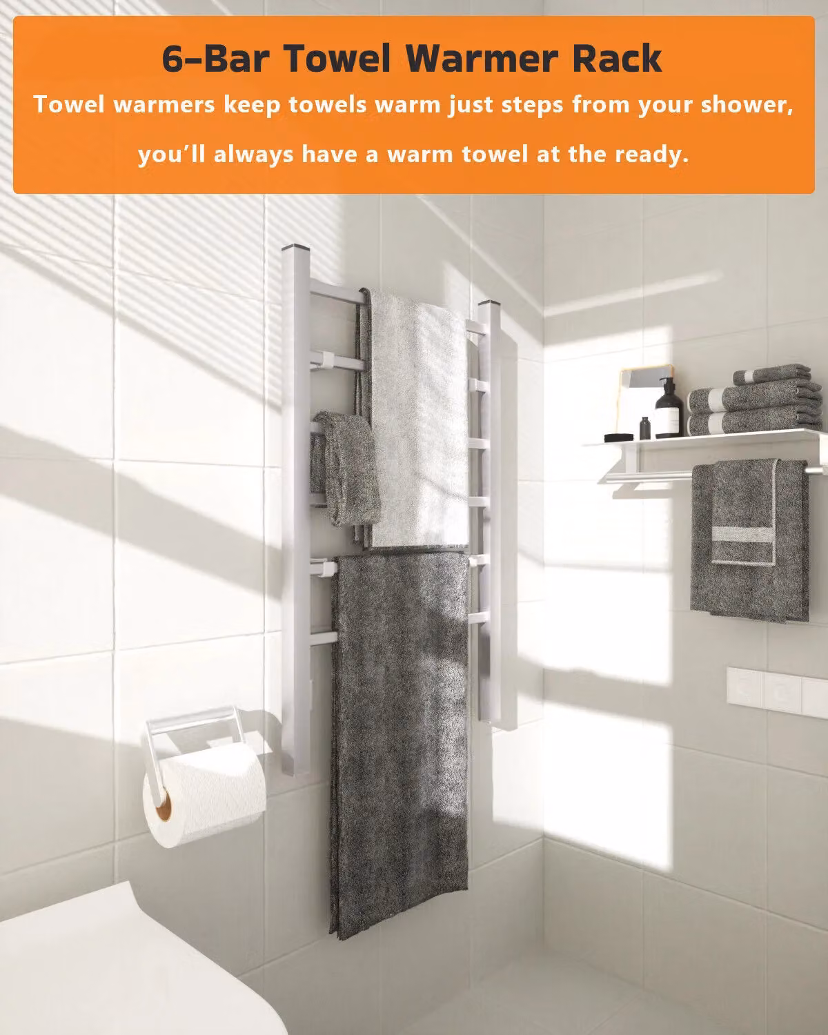 Costway 2-in-1 Electric Towel Warmer and Drying Cloth Stand with 6 Aluminium Bars in Silver – 2