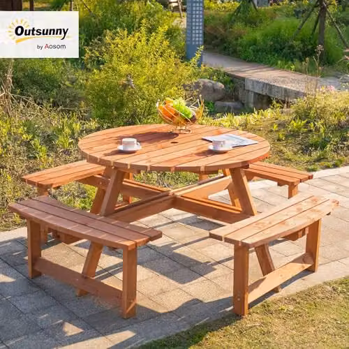 Outsunny 8 Seater Round Wooden Garden Dining Set with Bench and Parasol Hole, Brown – 2