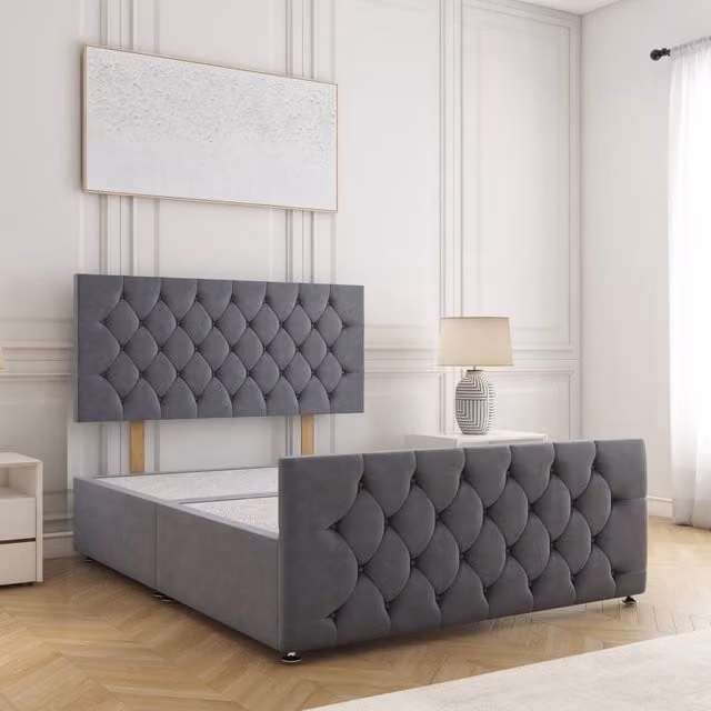 BSSPOKE Maya Double Plush Velvet Divan Bed with 24 inch Headboard in Grey, W/D/H: 140 x 200 cm – 1