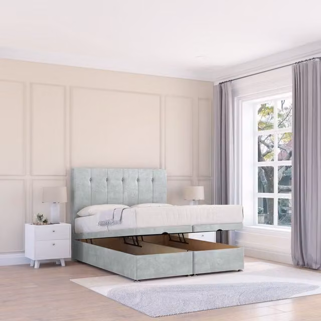 Sloomy Highbury Naples Silver Fabric Ottoman Bed with Hybrid Memory Mattress and 26 Inch Strut Headboard, W/D/H: 140 x 200 cm, Double