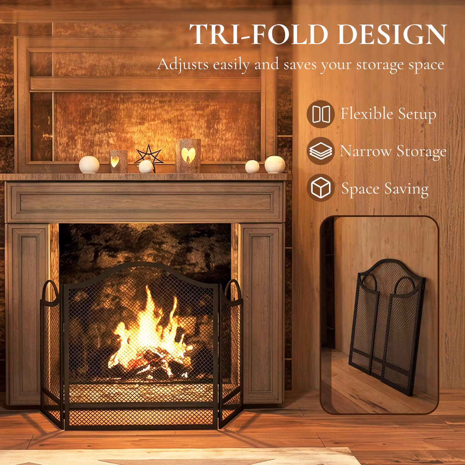 HOMCOM Floral 3-Panel Folding Fireplace Screen in Black, W/H: 122 x 74 cm – 4