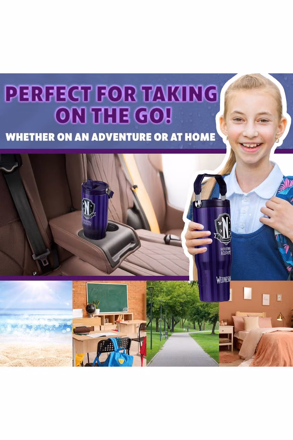 Get Trend Wednesday Insulated Metal Travel Tumbler with Flip Up Straw and Handle, 850ml, Purple – 9